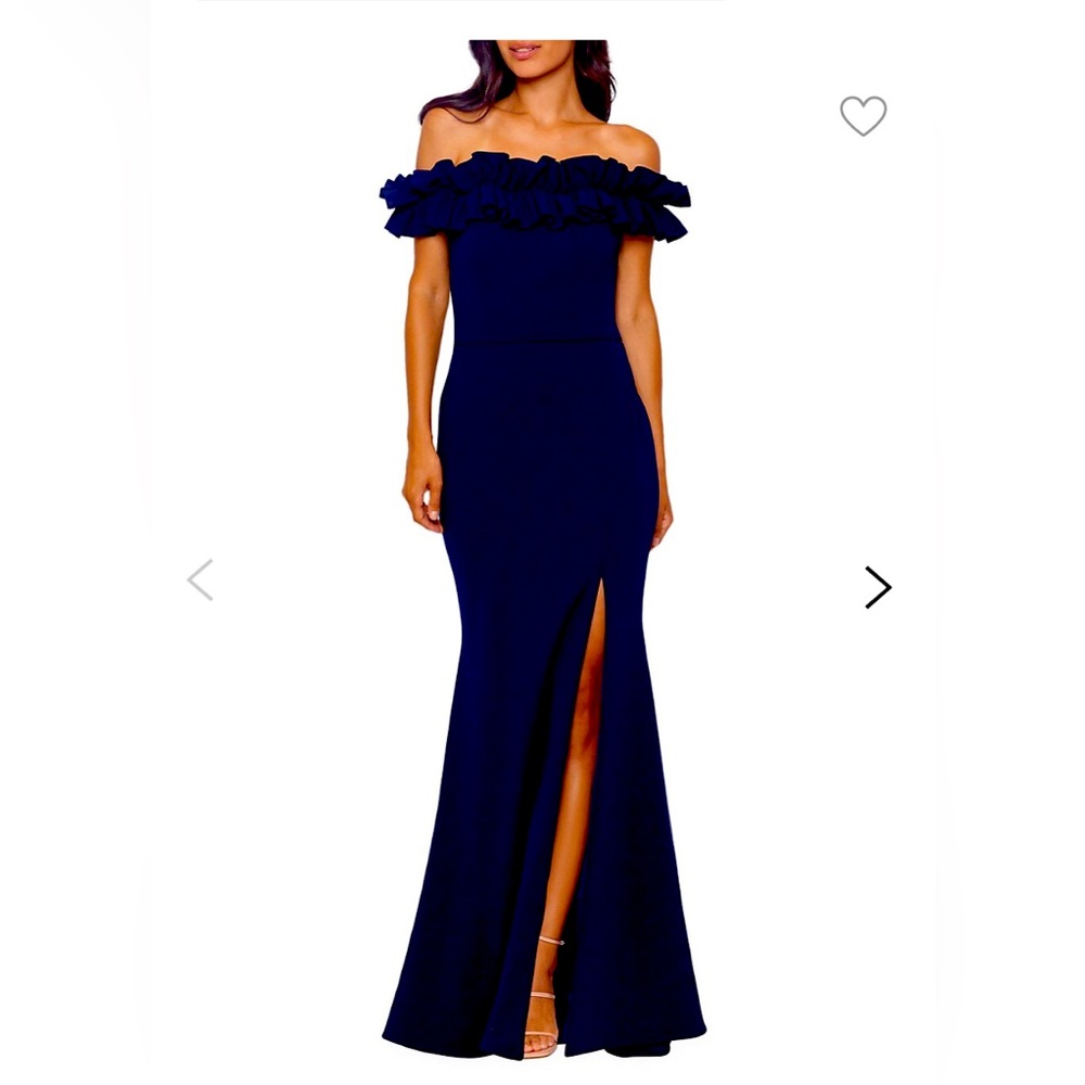 Off the Shoulder Ruffled Navy Evening Gown